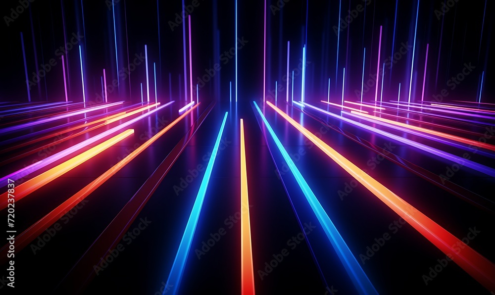Fototapeta premium Abstract background of dynamic neon lines glowing in the dark, floor reflection. Generative Ai