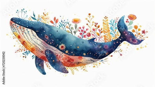 Cute whale watercolor illustration. Watercolor painting of whale with isolated background. Clip art composition of humpback whale with flowers.