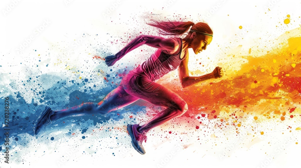 Watercolor abstract illustration, athletic woman runs doing sports on a white background.  Explosion of watercolor colored paint.