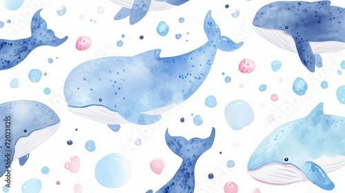 Cute whale watercolor illustration. Watercolor painting of whale. Clip art composition of humpback whale with flowers in the sea.