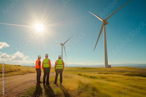 Energy workers inspect a wind farm. Renewable energy sources for cities. Wind energy in wind power plants.