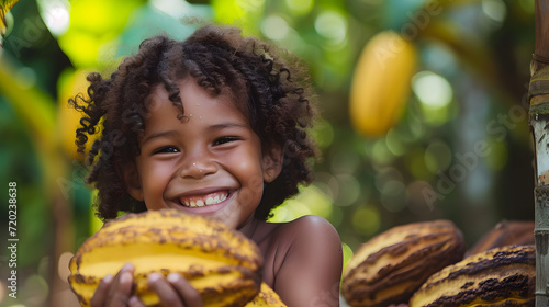 Doçura Pura: Criança Feliz e Frutas de Cacau Celebrando o Dia do Cacau photo