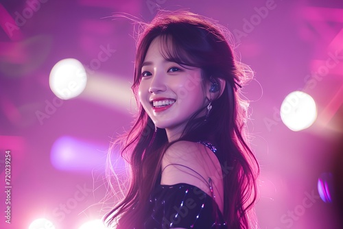 A beautiful korean female K-pop idol who is smiling while performing on a lovely and vivid stage. generative AI photo