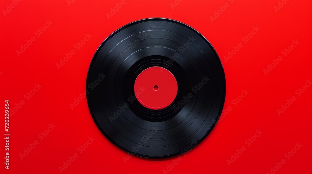Black Vinyl Record on red background. Image of a Long Play. Sound tracks on a vinyl record Black Vinyl Record on red background. Image of a Long Play. Sound tracks on a vinyl record