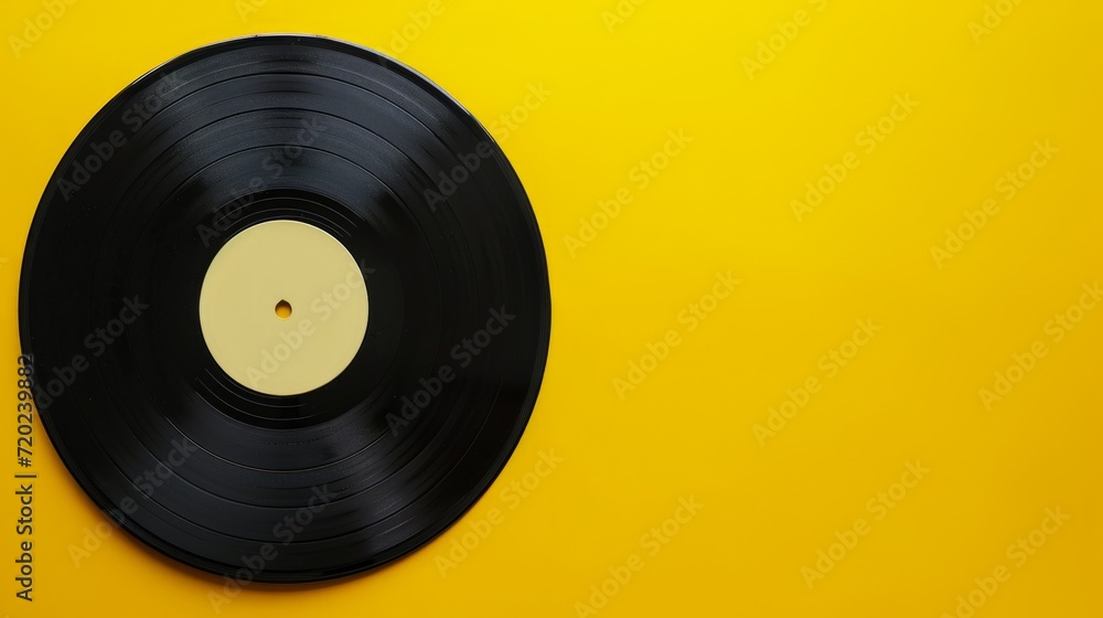 Black Vinyl Record on yellow background. Image of a Long Play. Sound tracks on a vinyl record