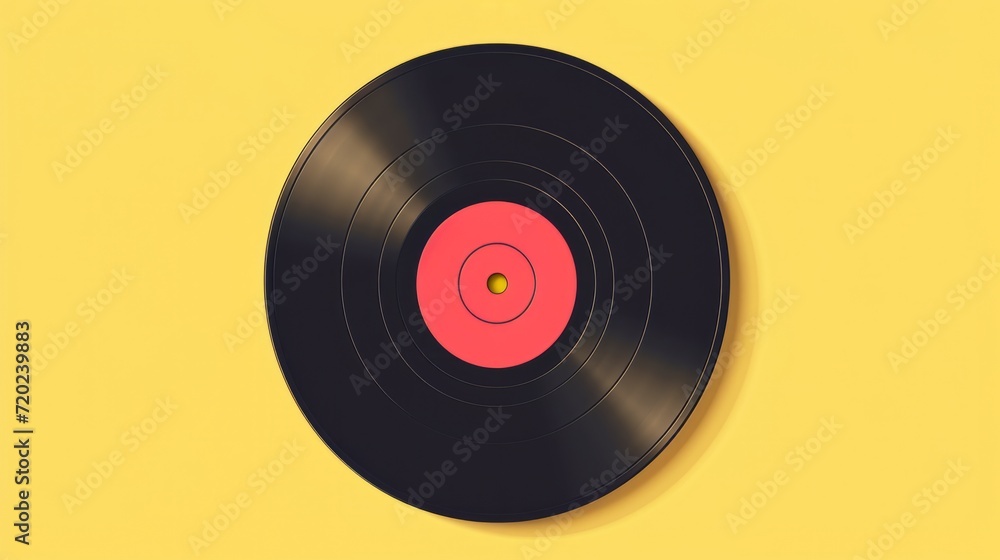 Black Vinyl Record on yellow background. Image of a Long Play. Sound tracks on a vinyl record Black Vinyl Record on yellow background. Image of a Long Play. Sound tracks on a vinyl record