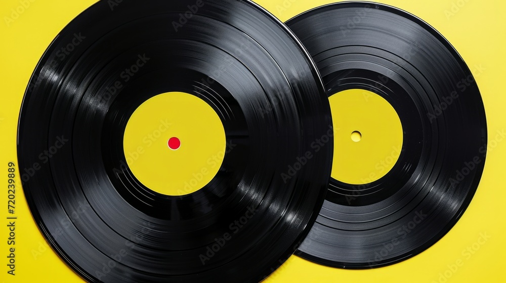Black Vinyl Record on yellow background. Image of a Long Play. Sound tracks on a vinyl record Black Vinyl Record on yellow background. Image of a Long Play. Sound tracks on a vinyl record