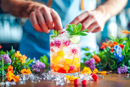 Bartender artfully prepares non-alcoholic, healthy, and refreshing drink, adorned with fresh mint and vibrant berries, nestled among colorful array of flowers and chilled ice. Concept of healthy drink