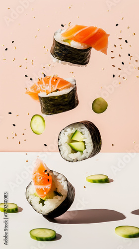 Delicious fresh salmon nigiri and sushi rolls floating on light background. Aesthetic food concept. Generative AI