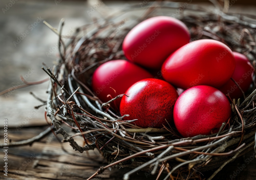 Red Easter eggs in a basket made of tree branches. Red Easter eggs in a basket made of tree branches.