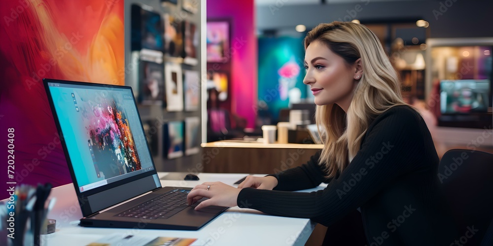 Focused professional editing photos on a laptop at a modern office space. creative workplace environment, freelance editor at work. AI Focused professional editing photos on a laptop at a modern office space. creative workplace environment, freelance editor at work. AI