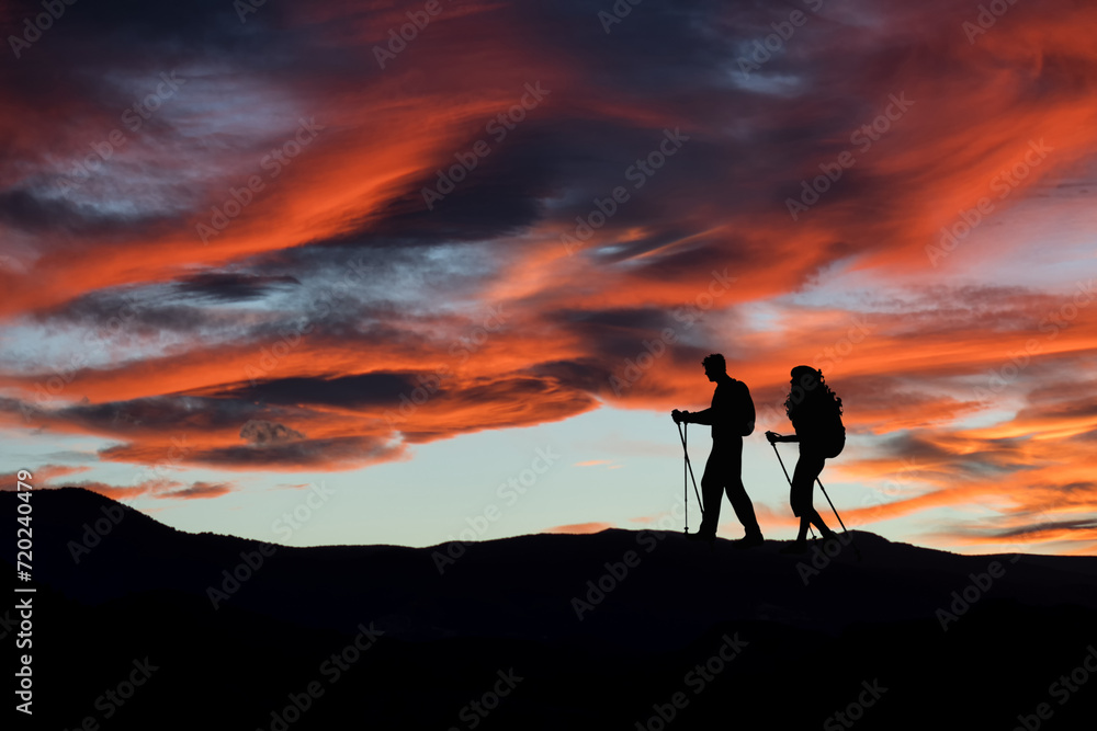 Silhouette of a couple hiking in the countryside at sunset. Nature and sport.