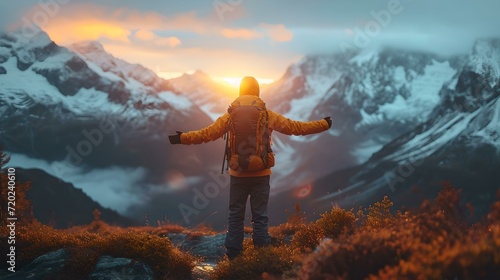 Explorer standing amidst majestic mountains at sunset. a moment of triumph. adventure travel photography. inspiring wilderness landscape. AI