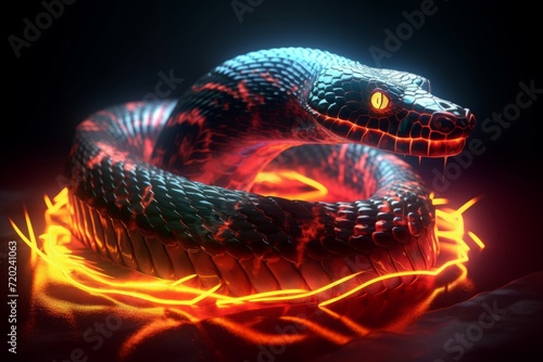 Snake lightning energy fantasy. Magical enchanting tempting serpent on dark background. Generate ai