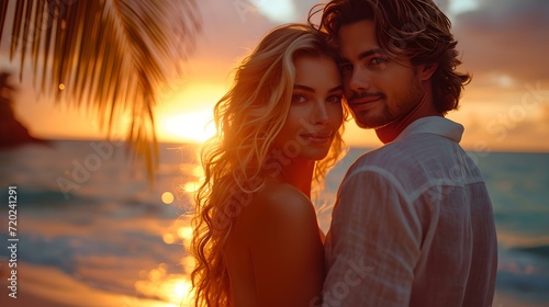 Romantic couple embracing on a beach at sunset. intimate moment, love concept. warm tones and soft lighting. perfect for ads and romance. AI