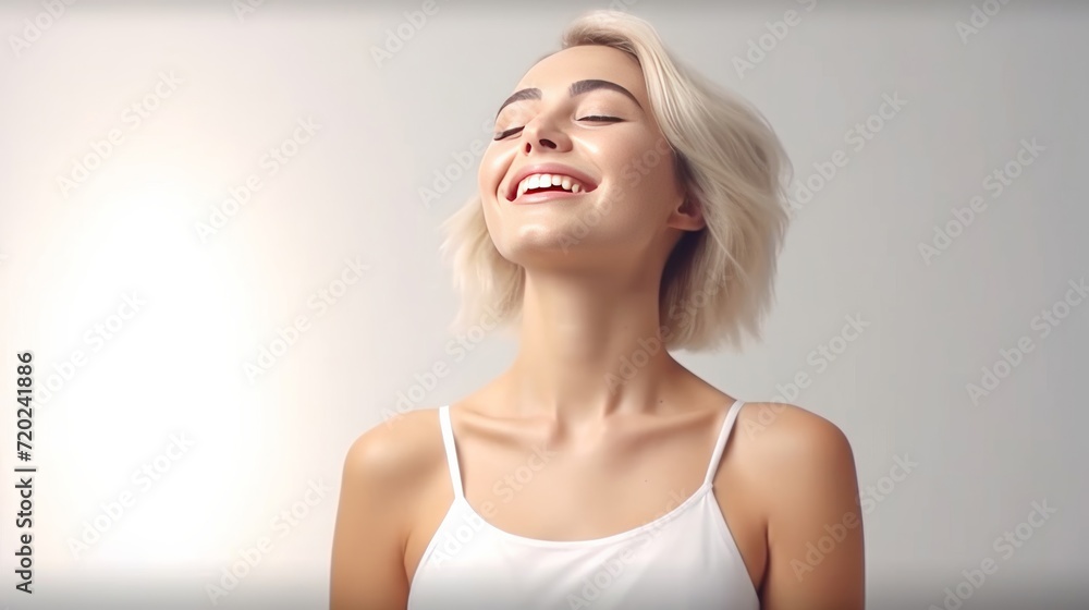 A happy girl feel Orgasm concept against a bright light background. Generative AI. A happy girl feel Orgasm concept against a bright light background. Generative AI.