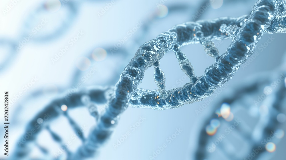 Close-up of a DNA double helix structure with a scientific blue background Close-up of a DNA double helix structure with a scientific blue background