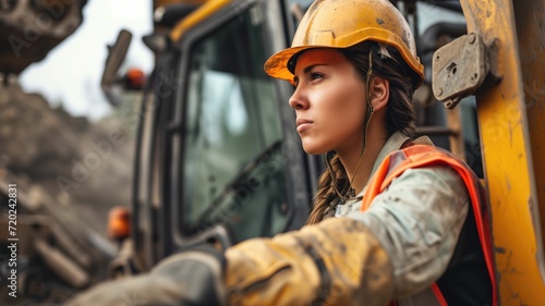 Female construction worker focused on her task at a site