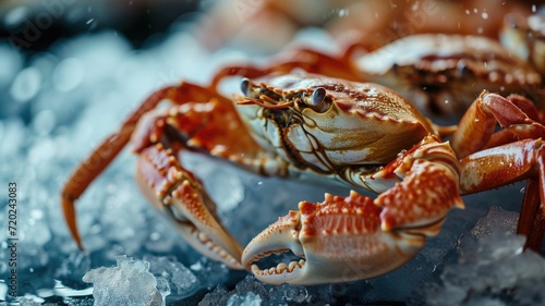 Vivid close-up of a fresh crab on ice, highlighting seafood freshness and natural texture