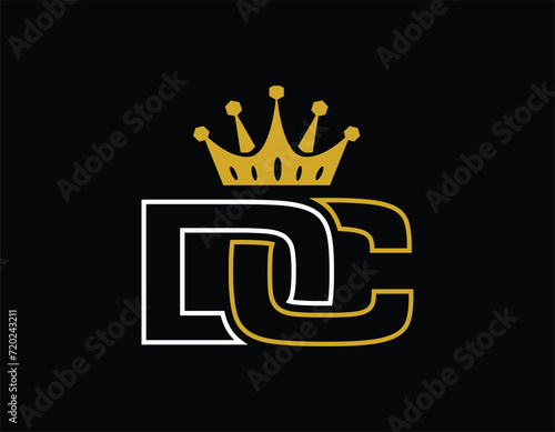 Gold Simple Initial Letter DC With Crown Logo Design Template