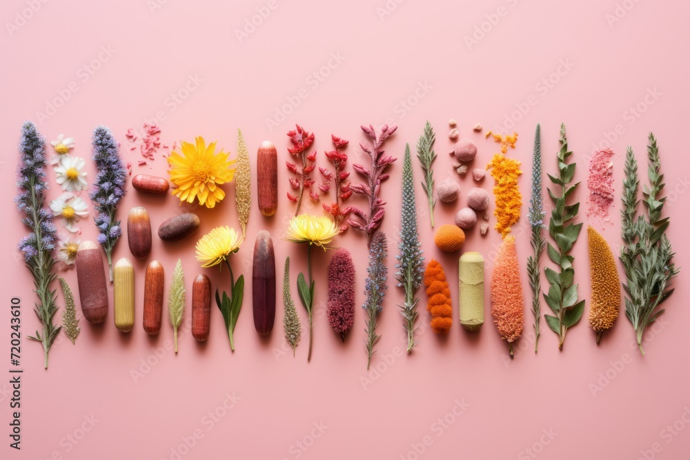 Flowers, pills, dietary supplements and cosmetics on pink background. Flat layer, top view. The concept of pharmacology, maintaining health through medicinal herbs and supplements