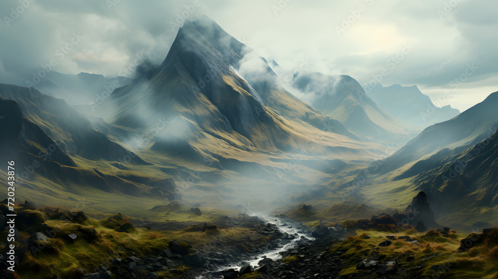 Fototapeta premium Volcano mountain eruption lava, danger explosion crater.