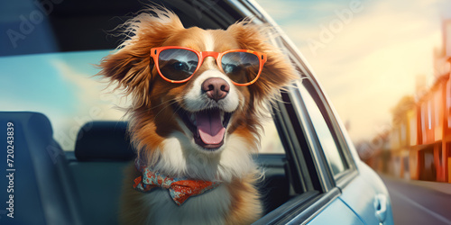 Portrait of a funny dog Jack Russell Terrier driving a car with sunglasses