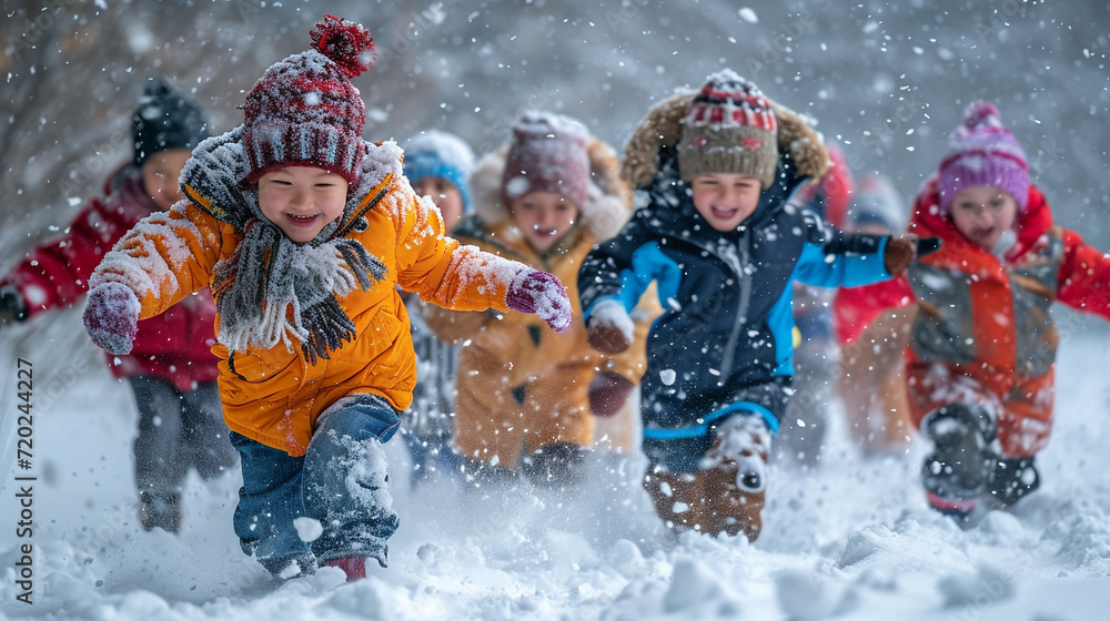 happy Children playing in the snow on a winter day happy Children playing in the snow on a winter day