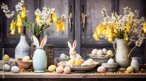 Wielkanocna dekoracja na drewnianym stole photo