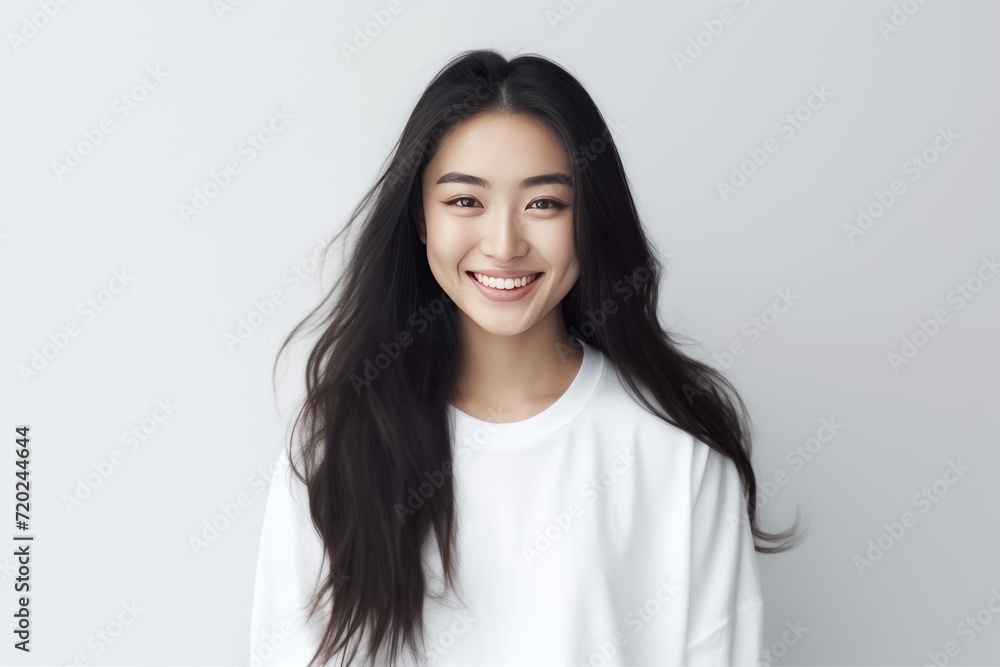 a lovely Asian girl with flawless skin and flowing long hair, set against a clean white background for a crisp and timeless aesthetic. Generative AI.