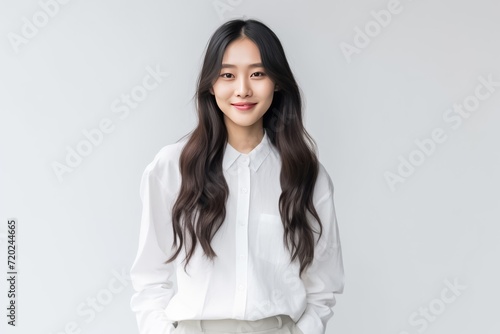 a lovely Asian girl with flawless skin and flowing long hair, set against a clean white background for a crisp and timeless aesthetic. Generative AI.