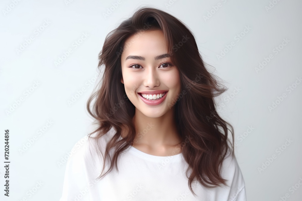 pretty Asian girl showcases flawless skin and flowing long hair in a striking photo, set against a pristine white background for a timeless and clean look. Generative AI.