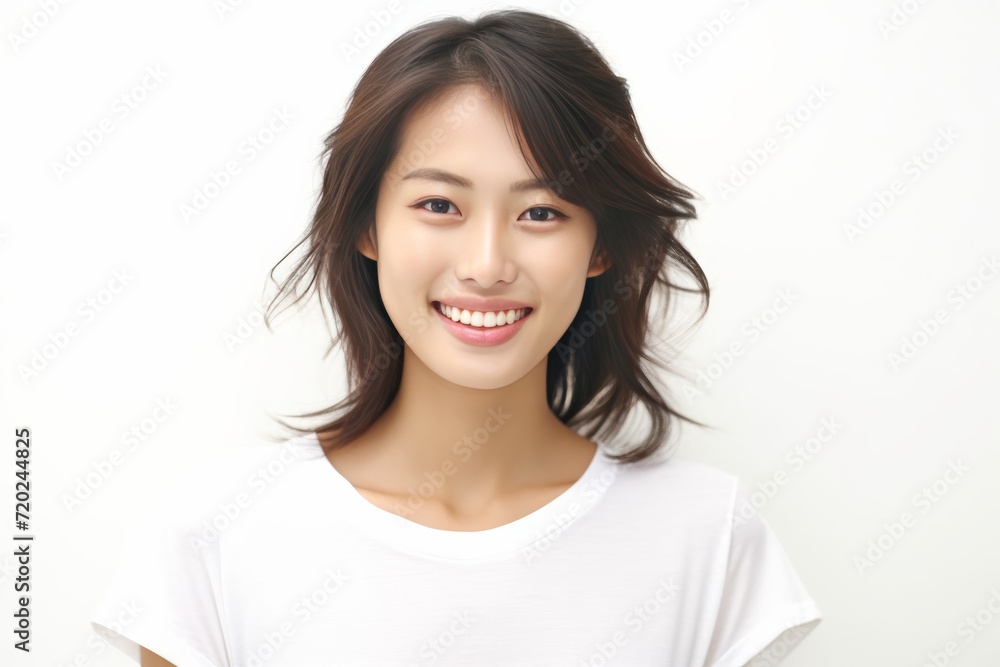 pretty Asian girl showcases flawless skin and flowing long hair in a striking photo, set against a pristine white background for a timeless and clean look. Generative AI. pretty Asian girl showcases flawless skin and flowing long hair in a striking photo, set against a pristine white background for a timeless and clean look. Generative AI.