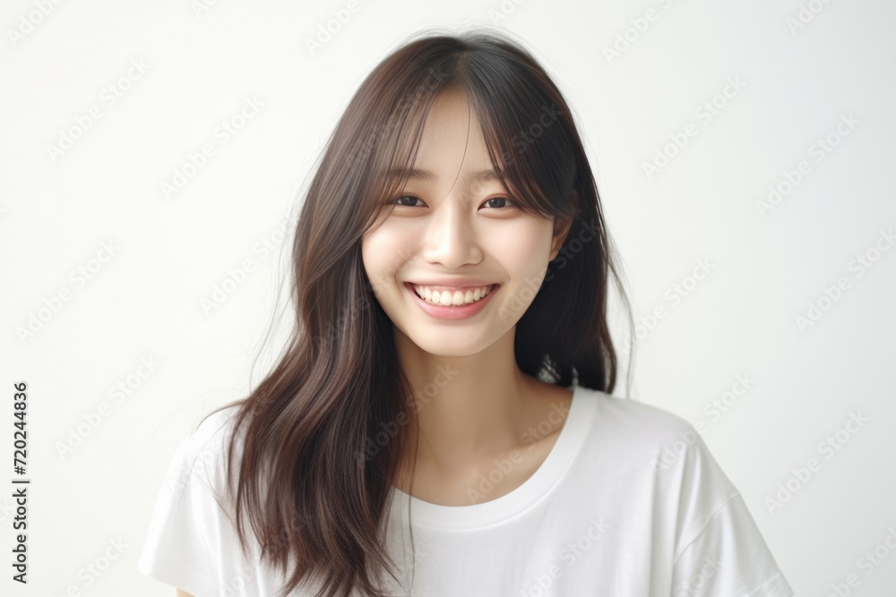 pretty Asian girl showcases flawless skin and flowing long hair in a striking photo, set against a pristine white background for a timeless and clean look. Generative AI. pretty Asian girl showcases flawless skin and flowing long hair in a striking photo, set against a pristine white background for a timeless and clean look. Generative AI.