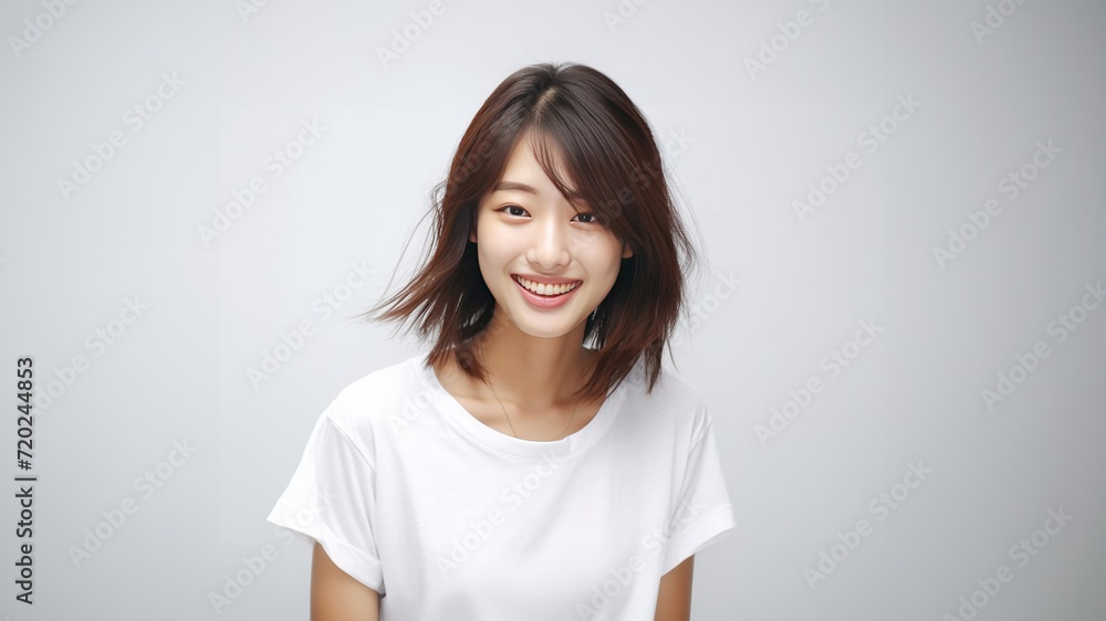 pretty Asian girl showcases flawless skin and flowing long hair in a striking photo, set against a pristine white background for a timeless and clean look. Generative AI. pretty Asian girl showcases flawless skin and flowing long hair in a striking photo, set against a pristine white background for a timeless and clean look. Generative AI.