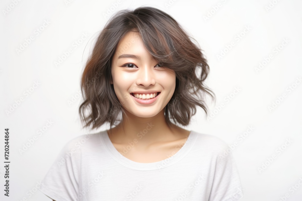 pretty Asian girl showcases flawless skin and flowing long hair in a striking photo, set against a pristine white background for a timeless and clean look. Generative AI. pretty Asian girl showcases flawless skin and flowing long hair in a striking photo, set against a pristine white background for a timeless and clean look. Generative AI.