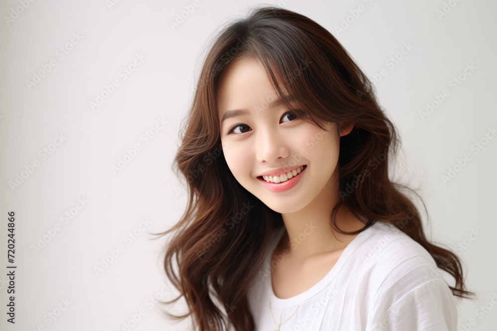 pretty Asian girl showcases flawless skin and flowing long hair in a striking photo, set against a pristine white background for a timeless and clean look. Generative AI.