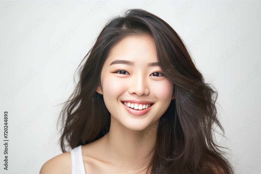 pretty Asian girl showcases flawless skin and flowing long hair in a striking photo, set against a pristine white background for a timeless and clean look. Generative AI. pretty Asian girl showcases flawless skin and flowing long hair in a striking photo, set against a pristine white background for a timeless and clean look. Generative AI.