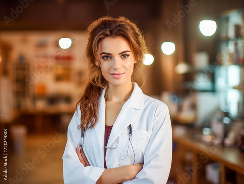 Portret pięknej kobiety lekarki uśmiechniętej, biały fartuch stetoskop i szpital w tle photo