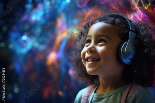 Child listening with colorful sound waves, hearing health concept. photo