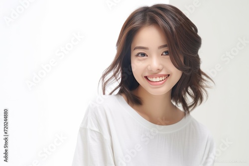 Wallpaper Mural pretty Asian girl showcases flawless skin and flowing long hair in a striking photo, set against a pristine white background for a timeless and clean look. Generative AI. Torontodigital.ca