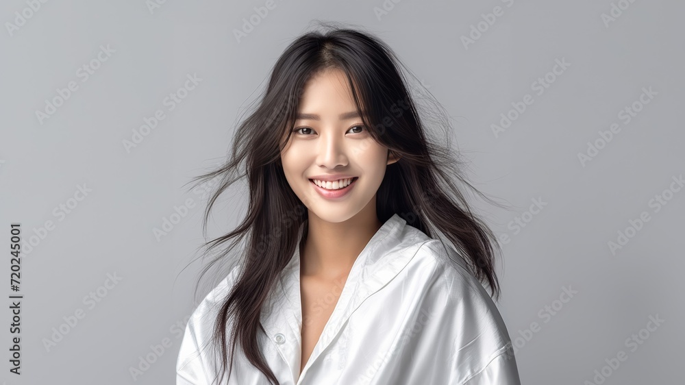 Asian girl with perfect skin and long, luxurious hair poses against a white backdrop, epitomizing beauty and simplicity. Generative AI. Asian girl with perfect skin and long, luxurious hair poses against a white backdrop, epitomizing beauty and simplicity. Generative AI.