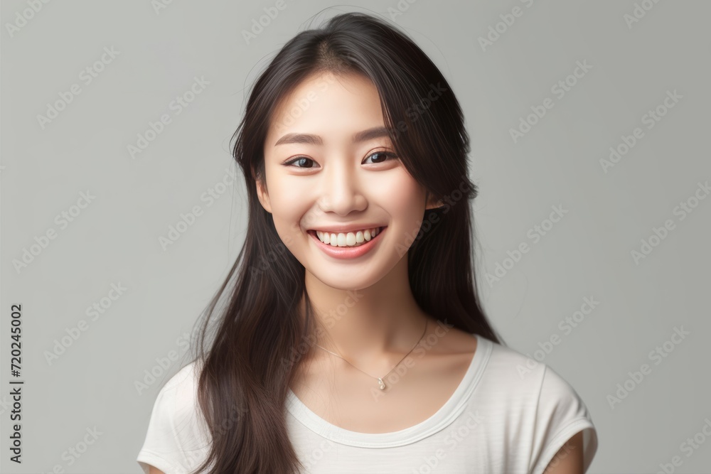 Asian girl with perfect skin and long, luxurious hair poses against a white backdrop, epitomizing beauty and simplicity. Generative AI. Asian girl with perfect skin and long, luxurious hair poses against a white backdrop, epitomizing beauty and simplicity. Generative AI.