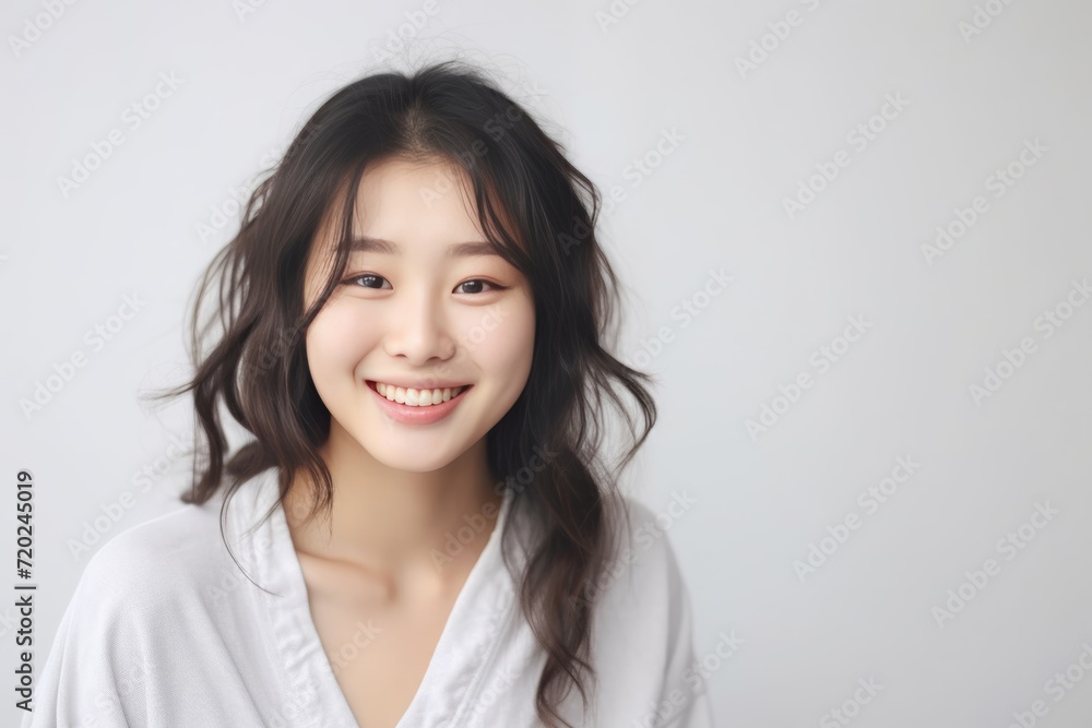 Asian girl with perfect skin and long, luxurious hair poses against a white backdrop, epitomizing beauty and simplicity. Generative AI. Asian girl with perfect skin and long, luxurious hair poses against a white backdrop, epitomizing beauty and simplicity. Generative AI.