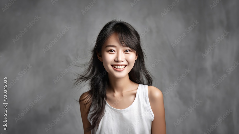 Asian girl with perfect skin and long, luxurious hair poses against a white backdrop, epitomizing beauty and simplicity. Generative AI. Asian girl with perfect skin and long, luxurious hair poses against a white backdrop, epitomizing beauty and simplicity. Generative AI.