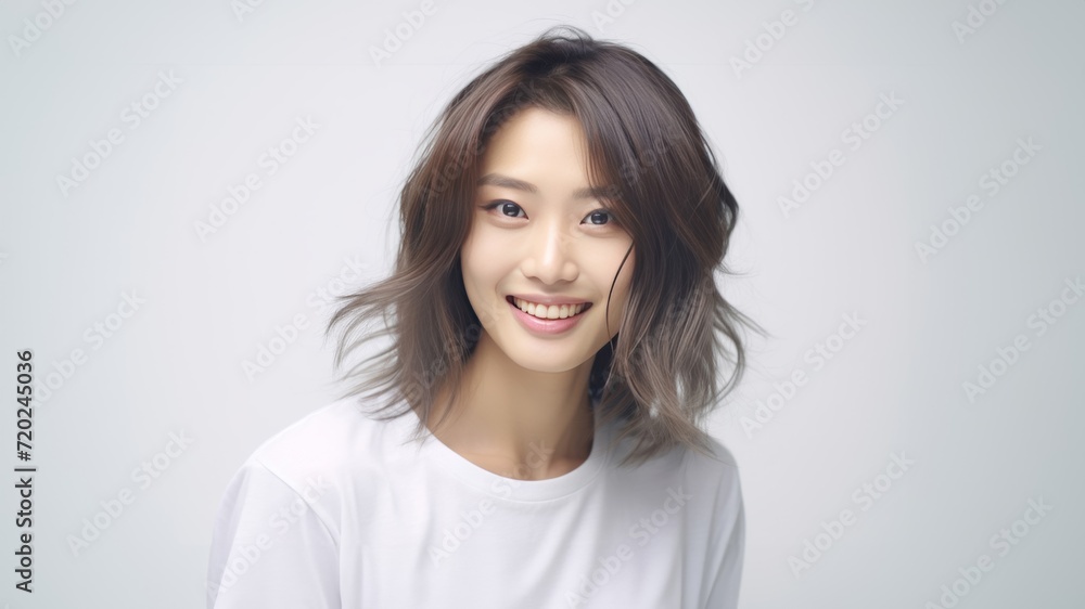 Asian girl with perfect skin and long, luxurious hair poses against a white backdrop, epitomizing beauty and simplicity. Generative AI. Asian girl with perfect skin and long, luxurious hair poses against a white backdrop, epitomizing beauty and simplicity. Generative AI.