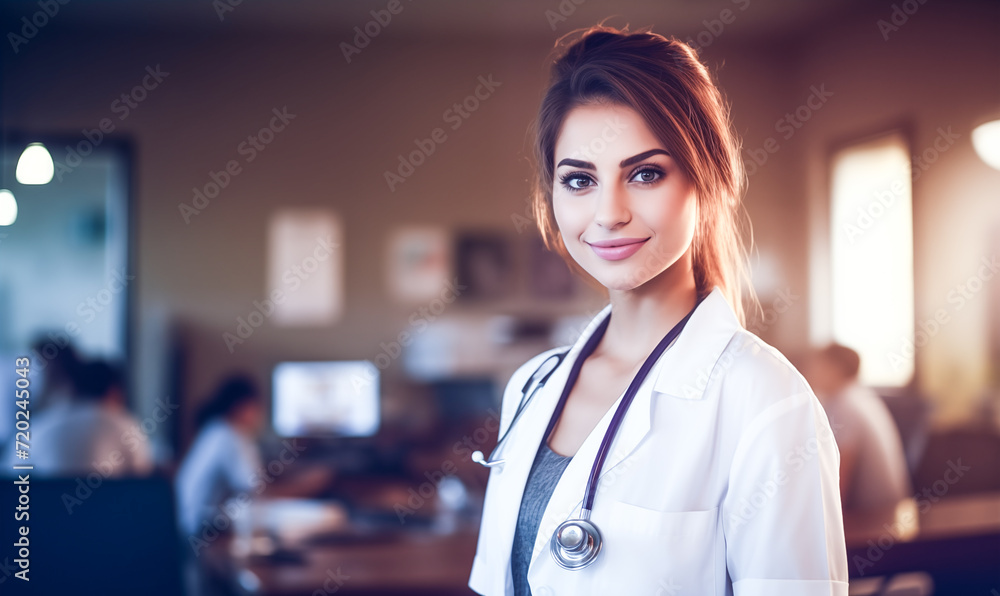 Portret pięknej kobiety lekarki uśmiechniętej, biały fartuch stetoskop i szpital w tle - obrazy, fototapety, plakaty 