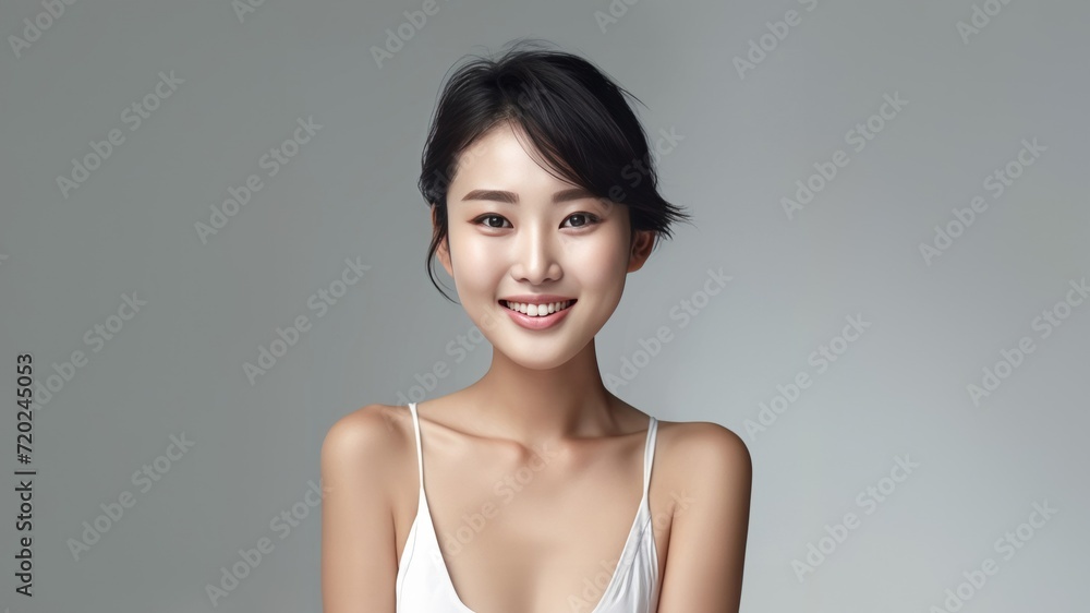 Asian girl with perfect skin and long, luxurious hair poses against a white backdrop, epitomizing beauty and simplicity. Generative AI. Asian girl with perfect skin and long, luxurious hair poses against a white backdrop, epitomizing beauty and simplicity. Generative AI.