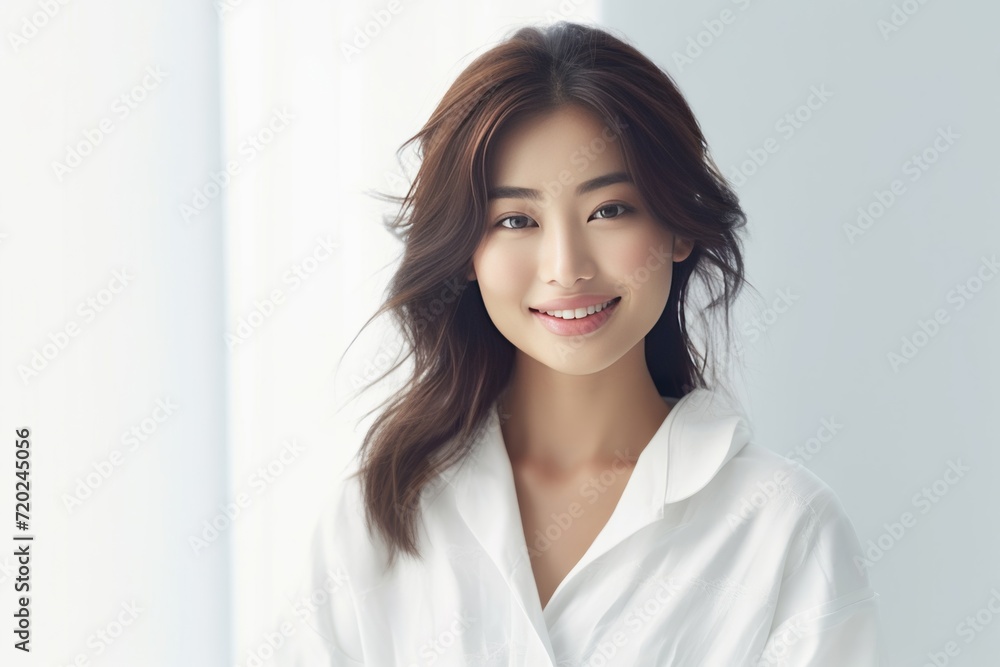Asian girl with perfect skin and long, luxurious hair poses against a white backdrop, epitomizing beauty and simplicity. Generative AI. Asian girl with perfect skin and long, luxurious hair poses against a white backdrop, epitomizing beauty and simplicity. Generative AI.