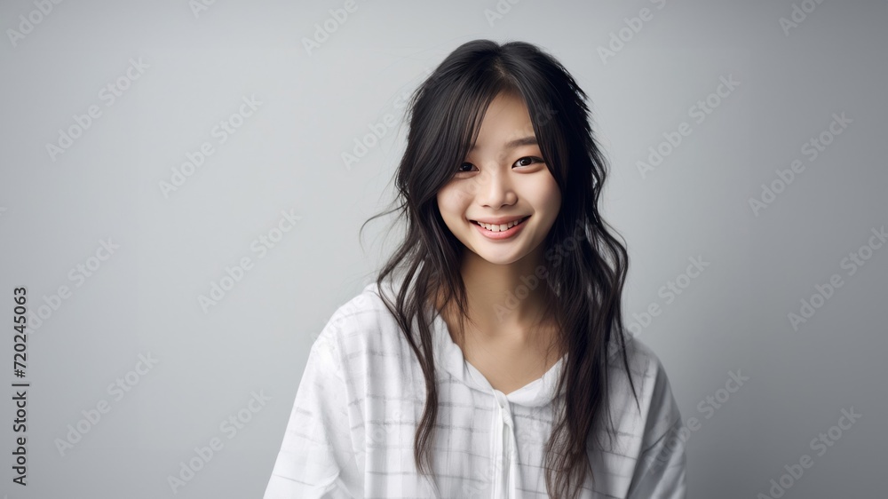 Asian girl with perfect skin and long, luxurious hair poses against a white backdrop, epitomizing beauty and simplicity. Generative AI. Asian girl with perfect skin and long, luxurious hair poses against a white backdrop, epitomizing beauty and simplicity. Generative AI.